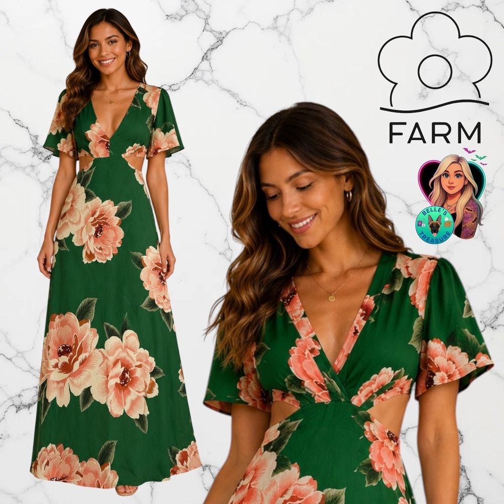 Farm Rio Womens Medium Amor de Rosa Green Floral Cut-Out Maxi Dress Low Back NEW